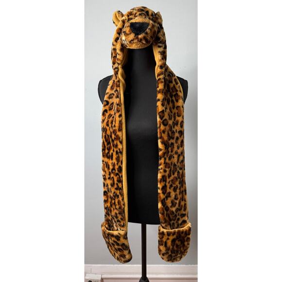 other Other - Kids Faux Fur Animal Ears‎ Print Hood Scarf Mitten Combo Leopard Plush Hat